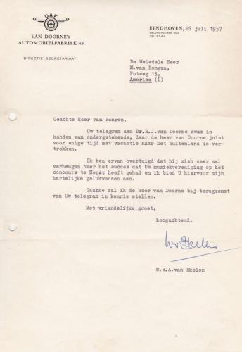 1957 Brief Hub van Doorne gelukwensen 1