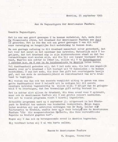 1960 Nieuwsbrief aan inwoners America ivm oprichting drumband